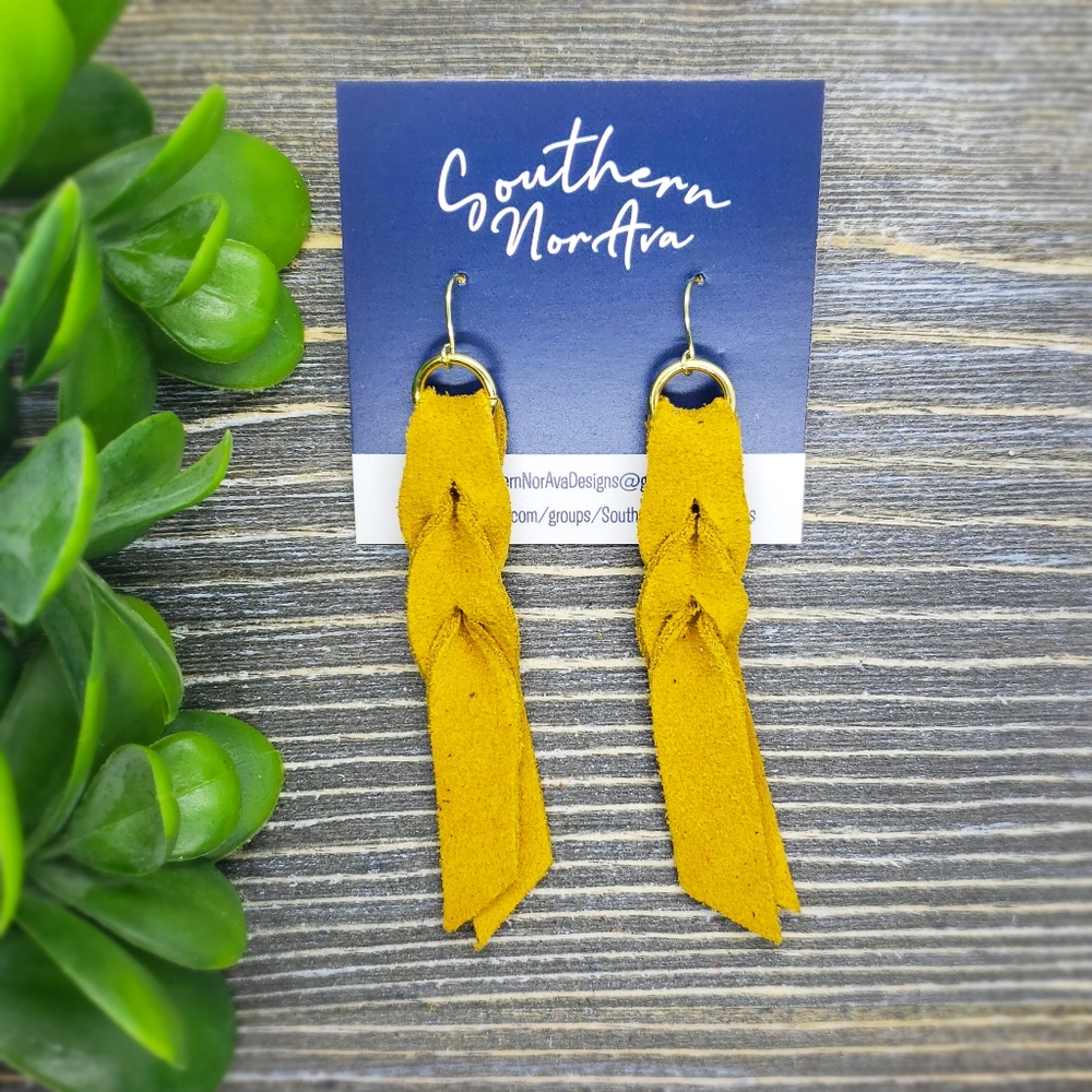 Mustard Suede Braided Tassel Earrings